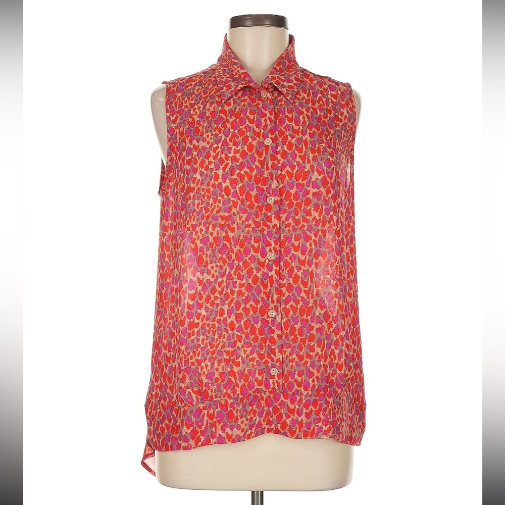 Cabi, button up blouse, shades of pink, red and tan, size small.
